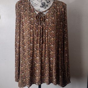 Natural Life Brown Floral Long Sleeve Peasant Crinkle Gauzy Top Size XL #7882